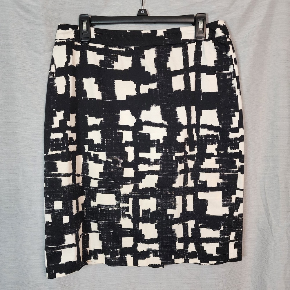 SANDRO Size 8 Black Geometric Plaid Brushstroke Cotton Stretch Pencil Skirt